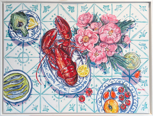 Pippa Smith Tastes Like Summer, a red lobster with pink peonies, artichoke and sardines on aqua tiles, in a white frame