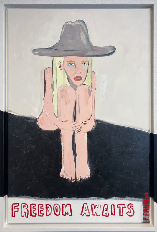 Poppy Faun 'Freedom Awaits' unique original oil on canvas in a white contemporary frame, available at Creed Gallery Ascot near Windsor.