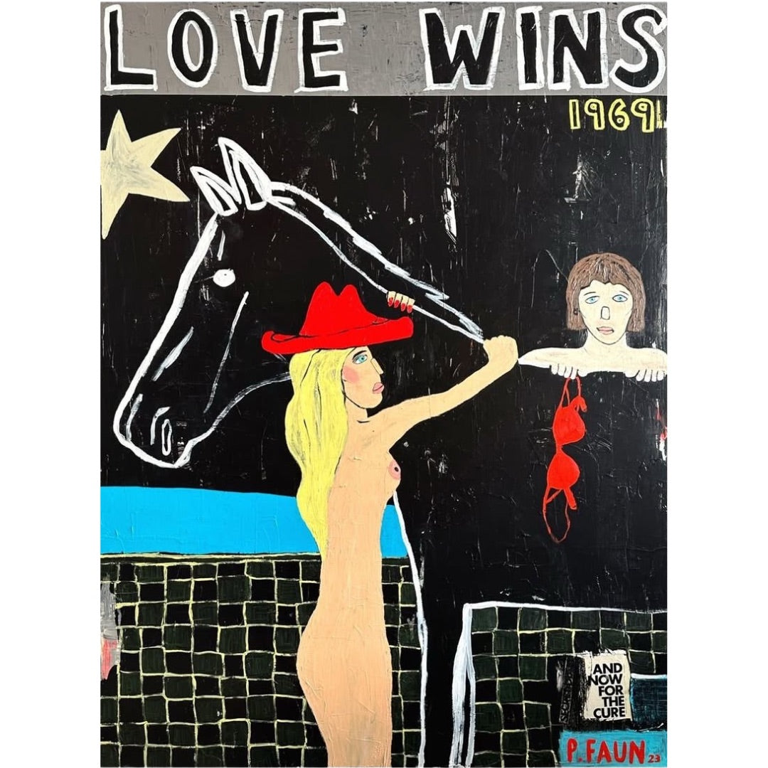 Poppy Faun 'Love Wins' unique original acrylic and collage on canvas in a white contemporary frame, at Creed Gallery Ascot.