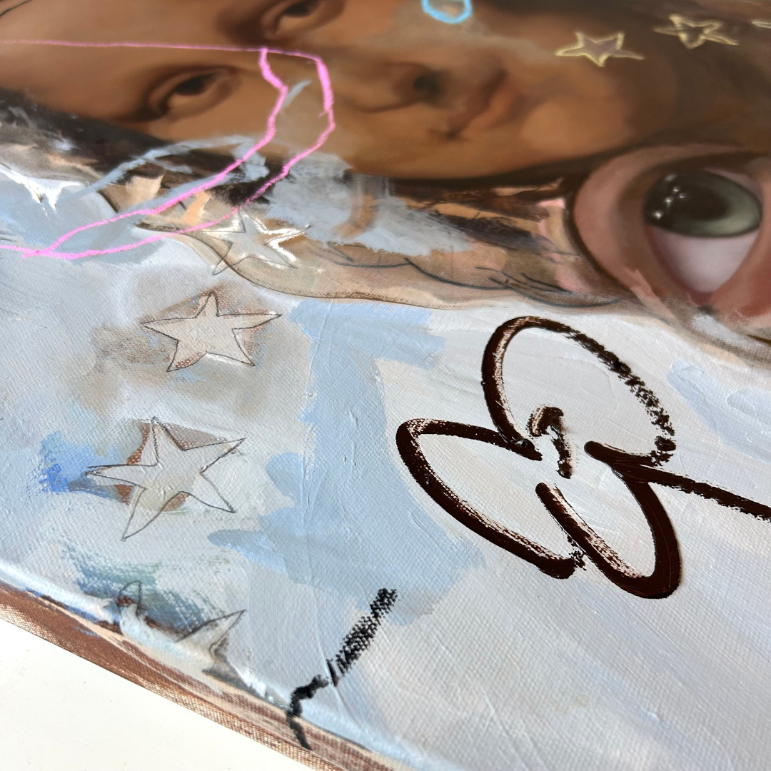 Macro shot of the textured oil and pastel application on the MLISA2 canvas by contemporary artist Nathan Preston