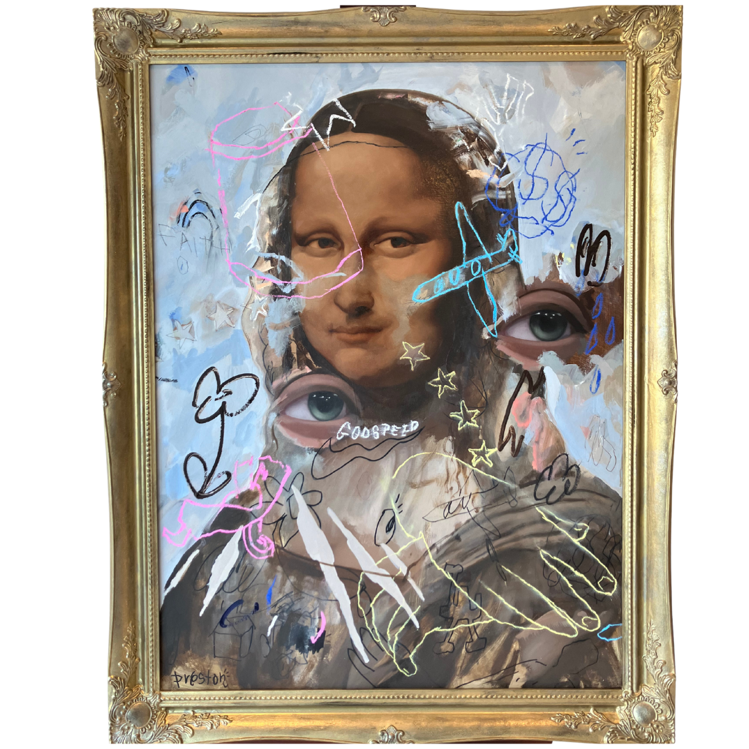 Preston Paperboy 'MLISA2' original oil painting, a contemporary Mona Lisa parody in an ornate hand-painted gold frame at Creed Gallery Ascot.