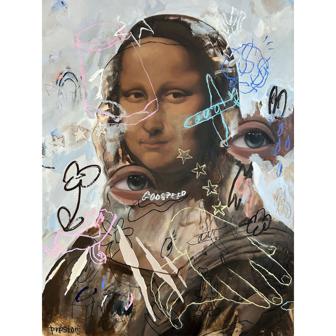 Full view of 'MLISA2' original acrylic and ink on canvas by Preston Paperboy, showcasing urban street art influences on a classical subject.