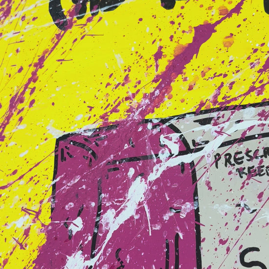 Detailed view of the hand-painted "THE DEPRESSED GENERATION" typography on the Sertraline edition original painting. This shot focuses on the layered mixed-media elements and pink gestural splatters on the 35 x 45 cm canvas.