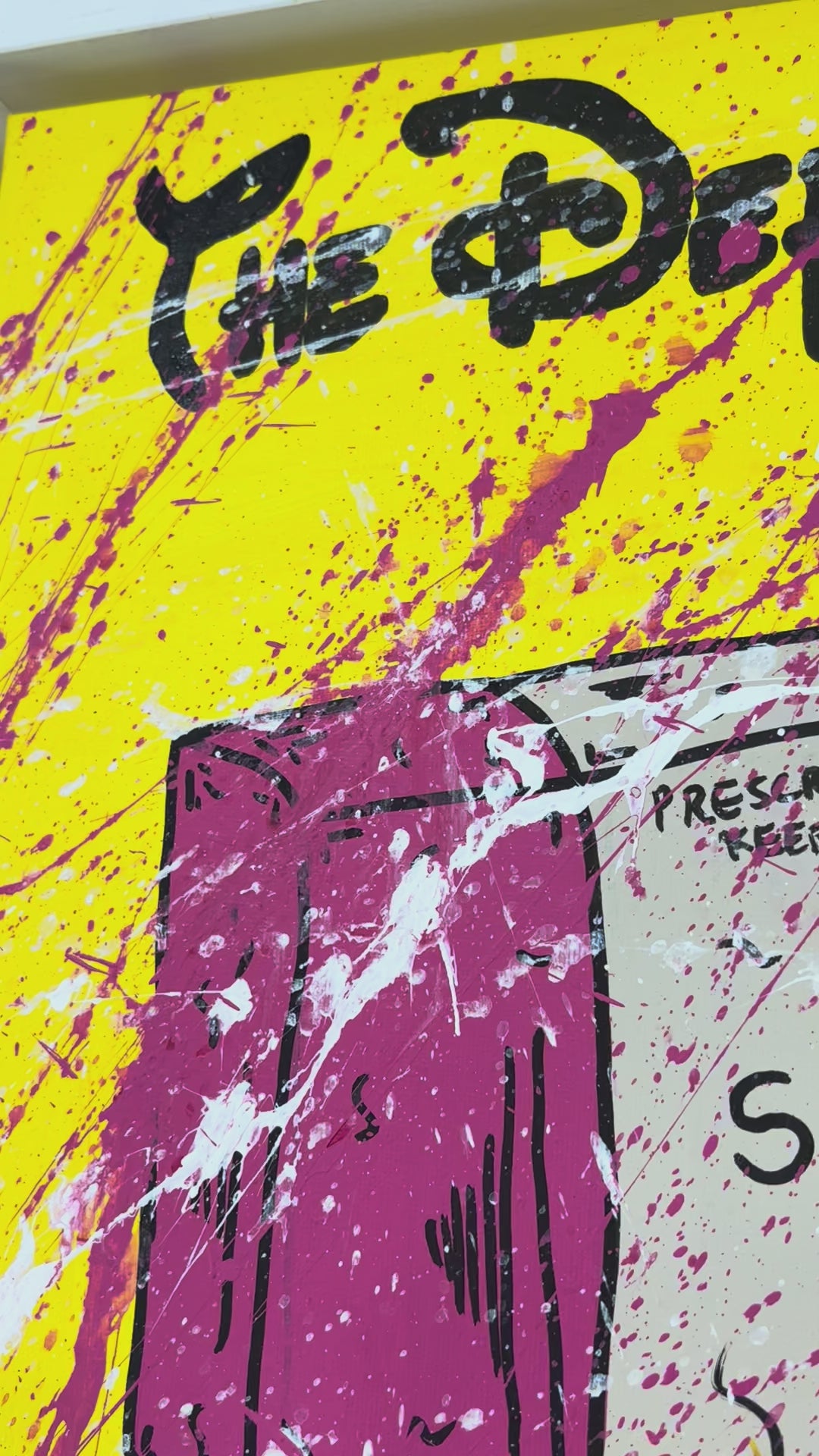 Detailed view of the hand-painted "THE DEPRESSED GENERATION" typography on the Sertraline edition original painting. This shot focuses on the layered mixed-media elements and pink gestural splatters on the 35 x 45 cm canvas.