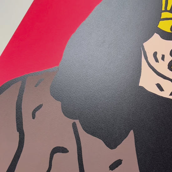 Close-up video showing the texture and ink application of Mason Newman’s Ozzy Osbourne silkscreen print. The footage captures the sophisticated use of colour and "New Pop" lens applied to the heavy metal icon for the charity release.