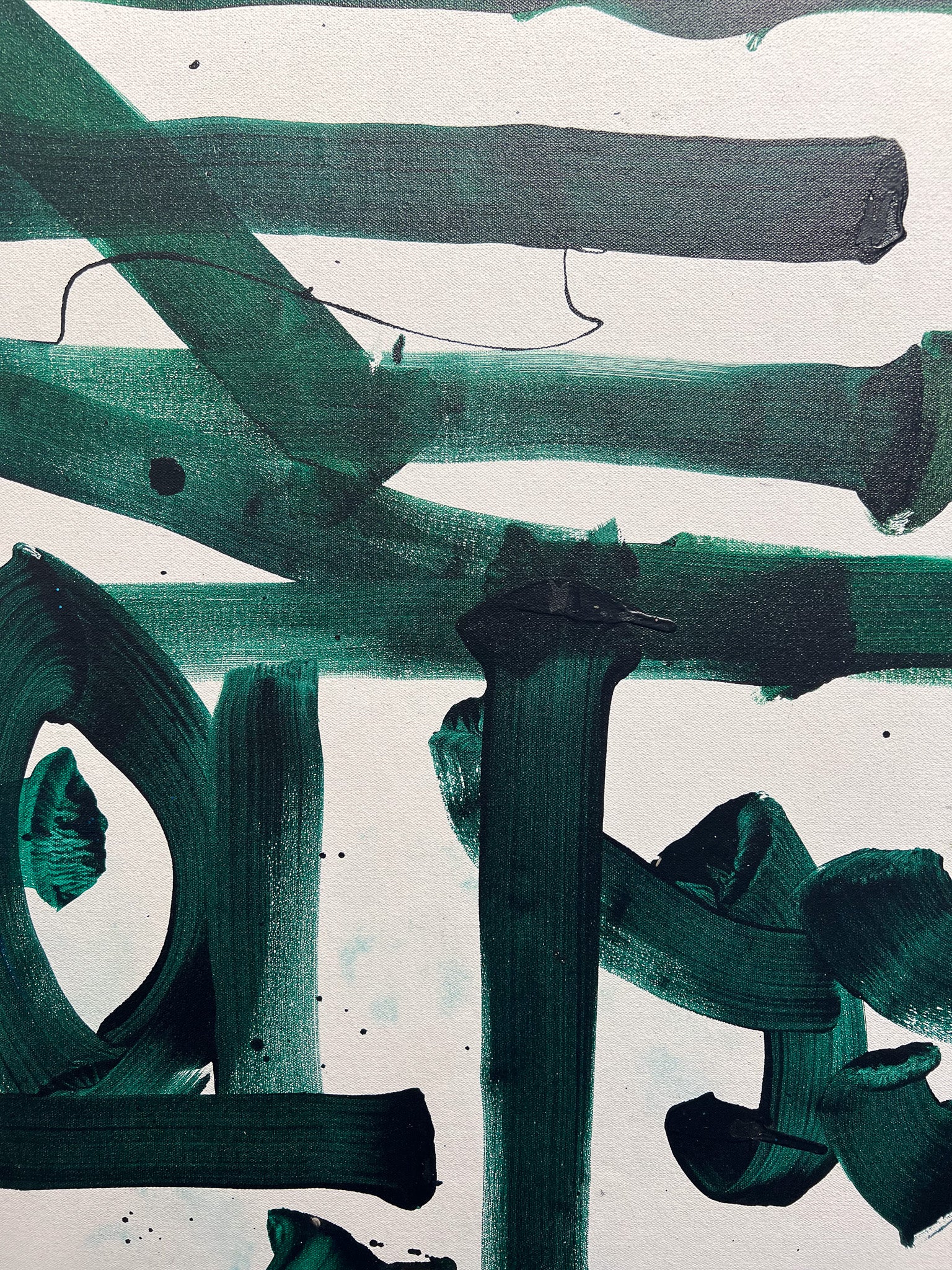 RETNA original 3-metre green calligraphy on canvas, hieroglyphic script, Creed Gallery Ascot, Berkshire.