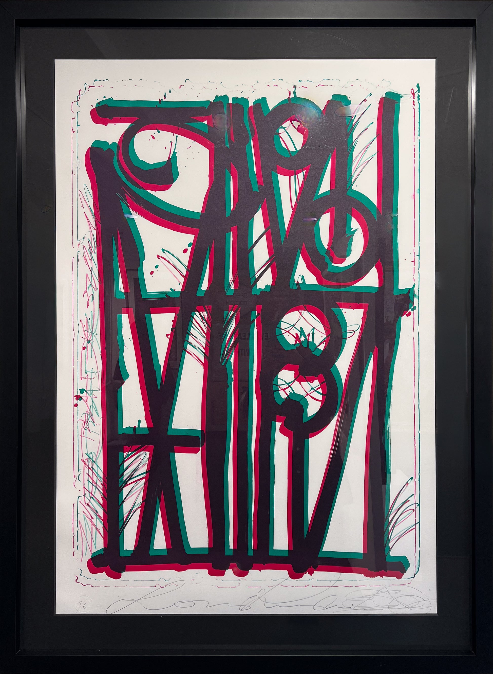 RETNA Ludovico and Ludovico turquoise pink stone lithograph BFK Rives, symmetrical calligraphic script, Creed Gallery Ascot, Berkshire.