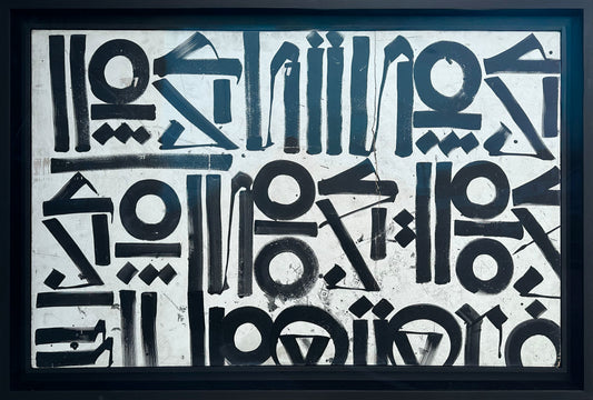 Black calligraphic script artwork by RETNA, fusing hieroglyphic and graffiti-inspired lettering