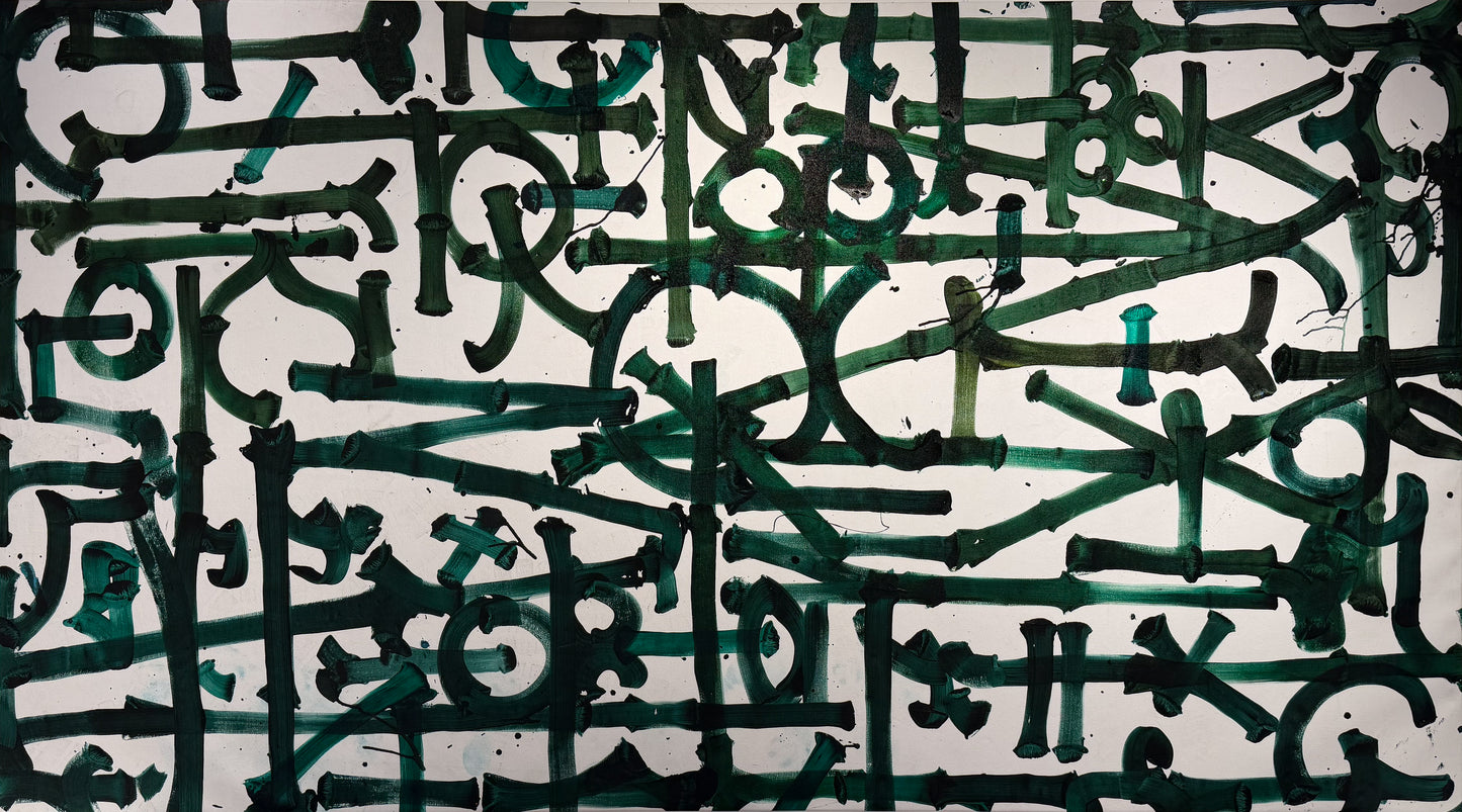 RETNA original 3-metre green calligraphy on canvas, hieroglyphic script, Creed Gallery Ascot, Berkshire.