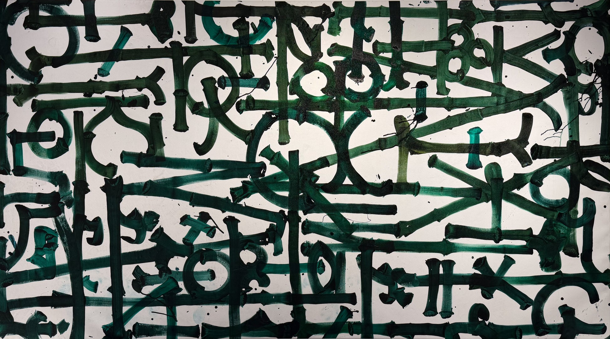 RETNA original 3-metre green calligraphy on canvas, hieroglyphic script, Creed Gallery Ascot, Berkshire.
