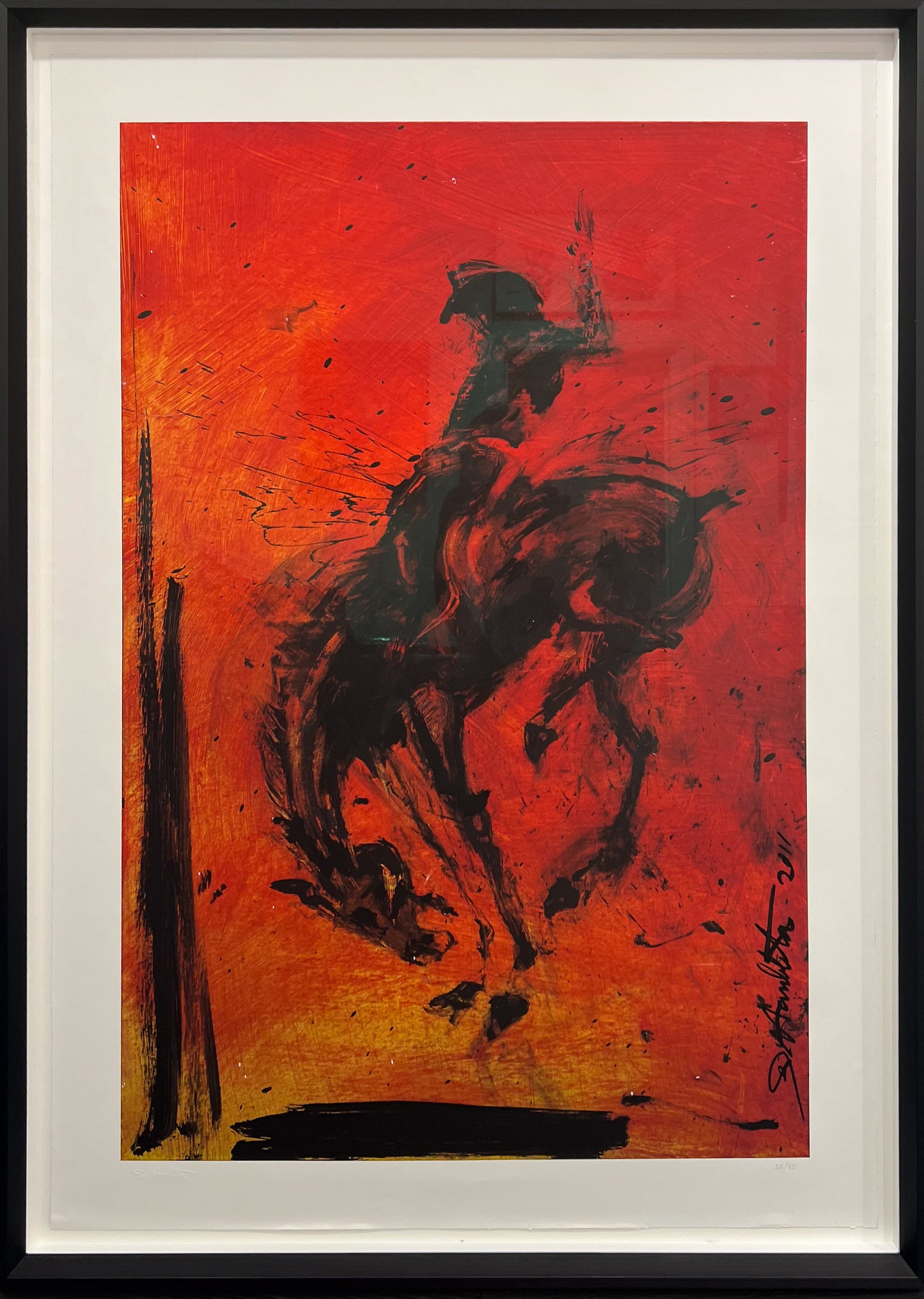 Richard Hambleton 'Horse and Rider' screenprint, gestural black silhouette of a rider on a bucking horse against a red and orange ground. Creed Gallery, Ascot.