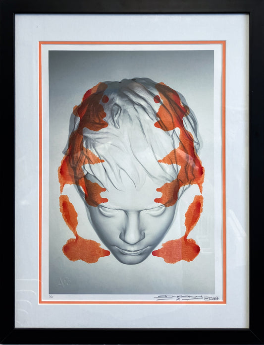 Framed "Ace Club" limited edition giclée print by Schoony, featuring a hyper-realistic face with vibrant orange abstract and camouflage patterns on a grey background.
For Sale Berkshire 