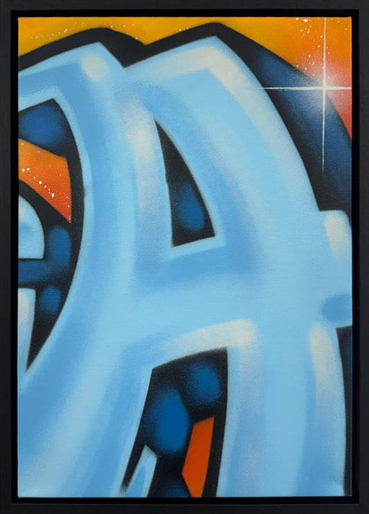 A Tag (Blue): a close-up blue graffiti letter A by Seen against an orange ground