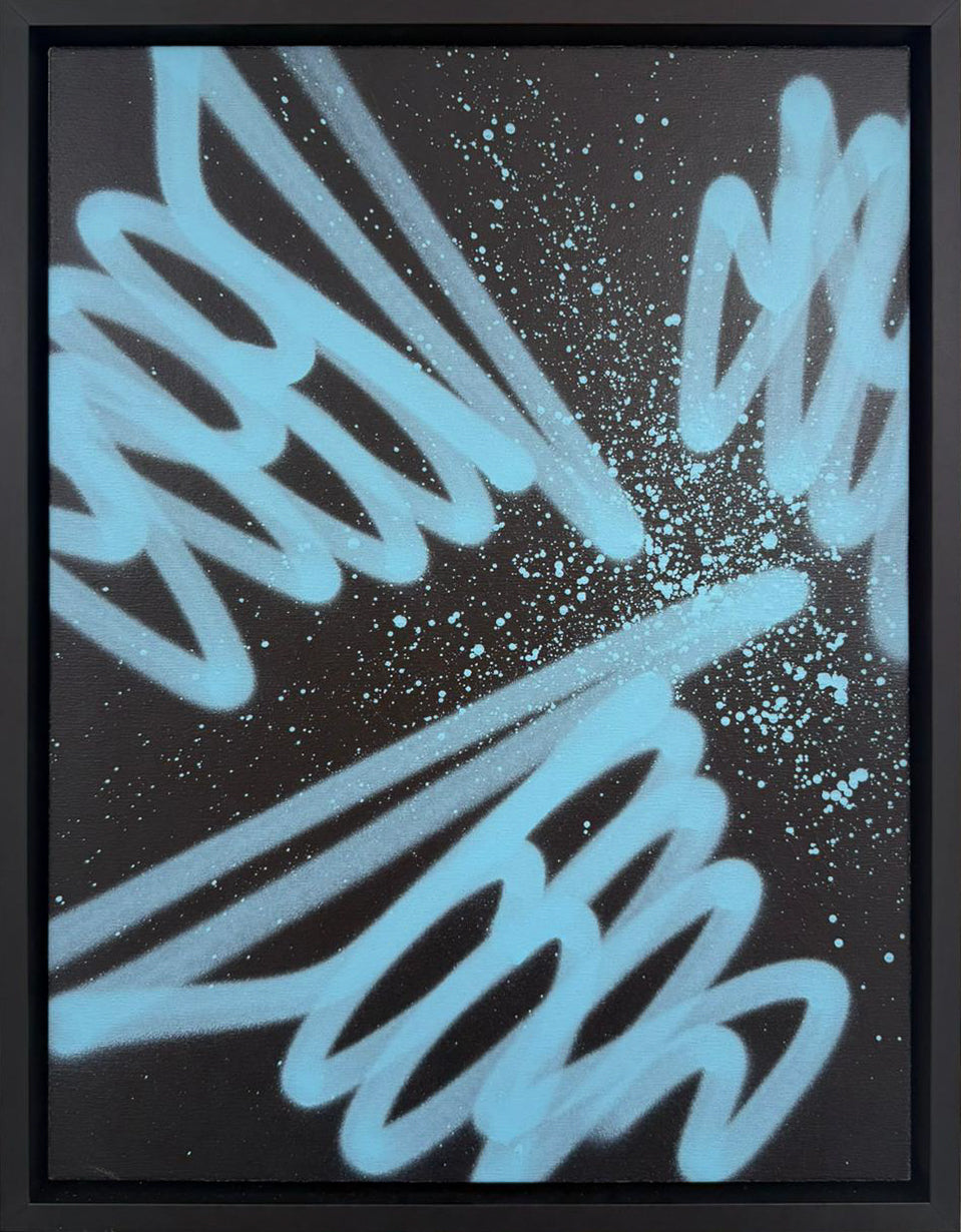 Seen Tag (Blue): an original blue spray-paint burst by graffiti pioneer Seen on black canvas