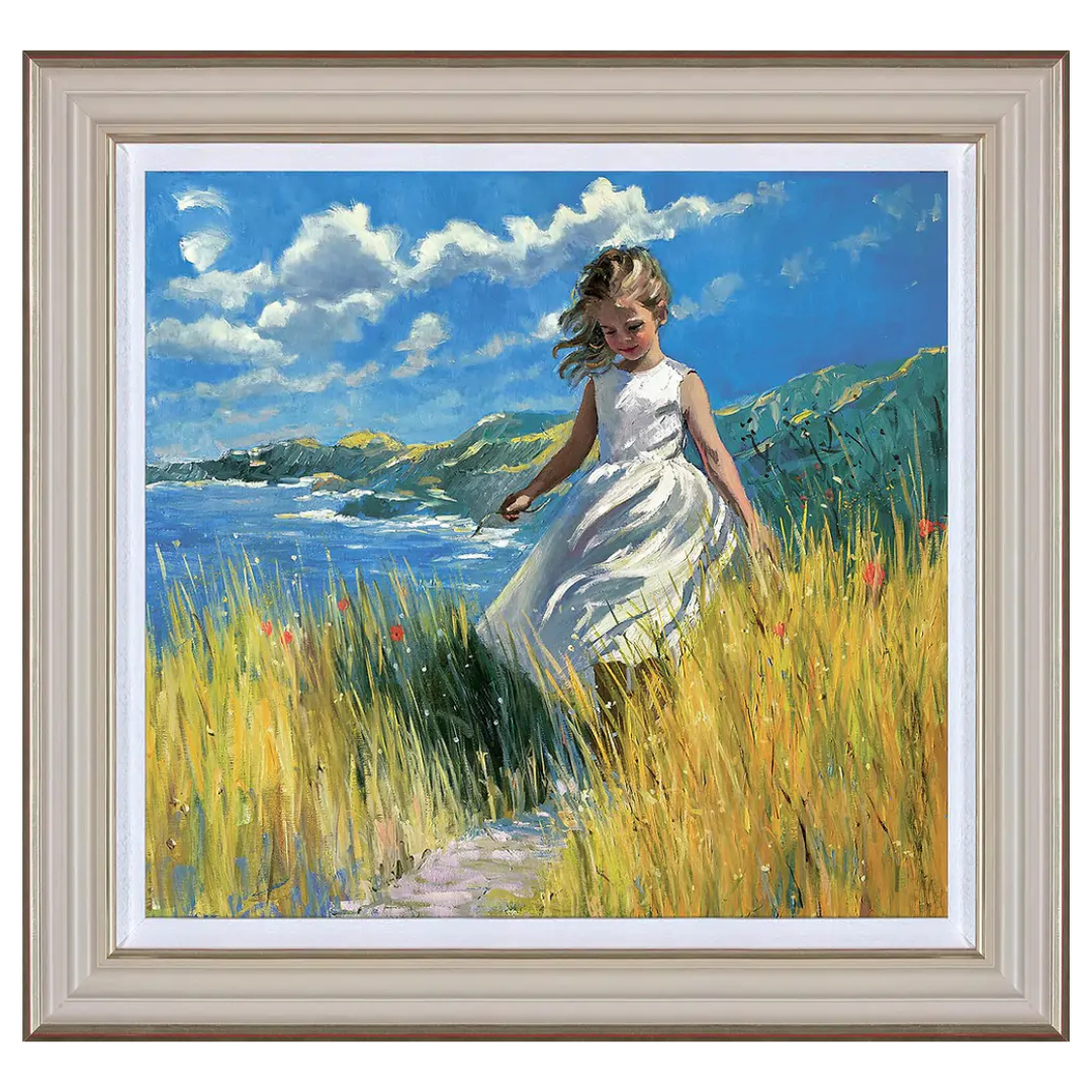Framed hand-embellished canvas 'A Coastal Stroll' by Sherree Valentine Daines, showing a young girl in a white dress near the coast.