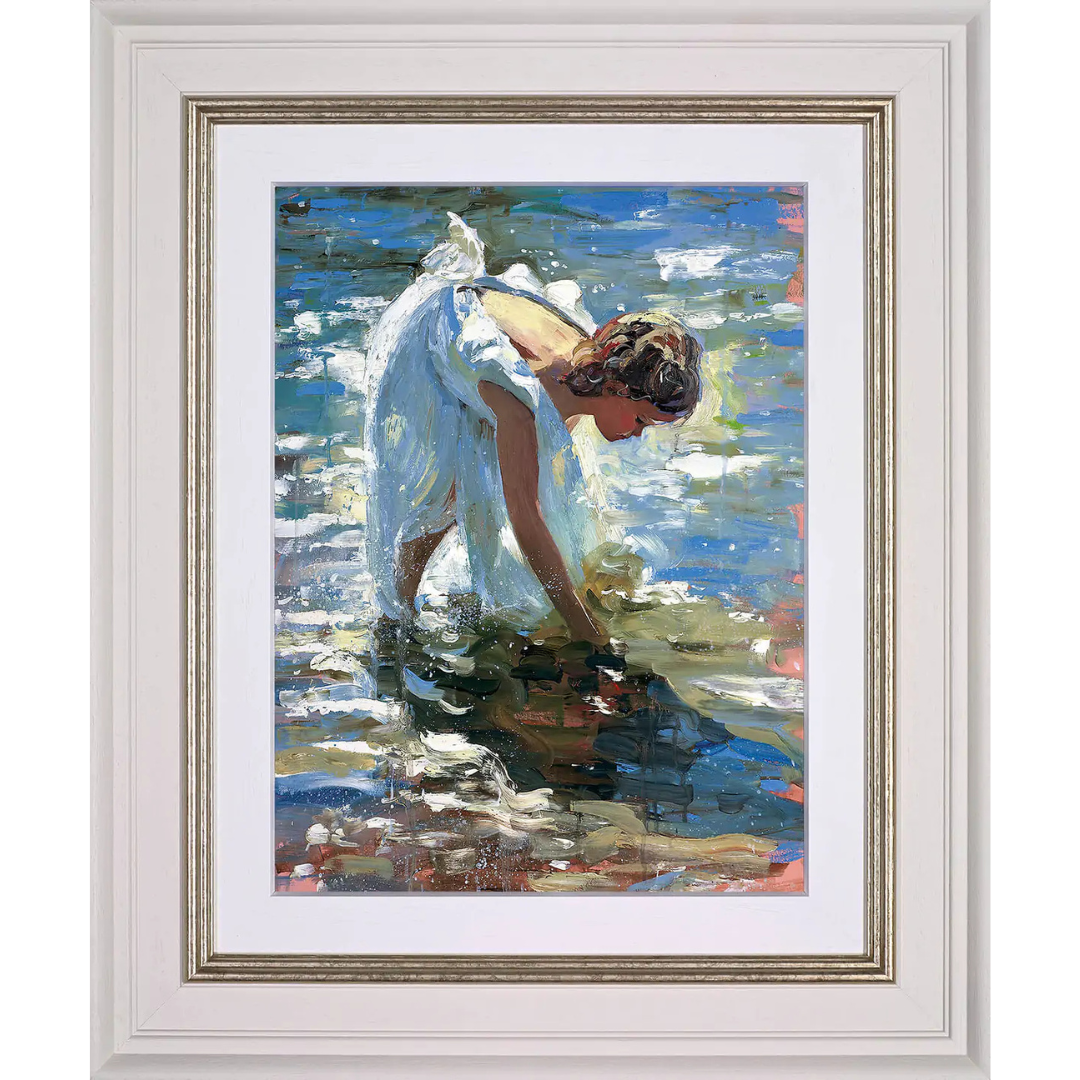 Framed impressionist painting 'Adventures by the Sea' by Sherree Valentine Daines, showing children playing on a sun-drenched beach.