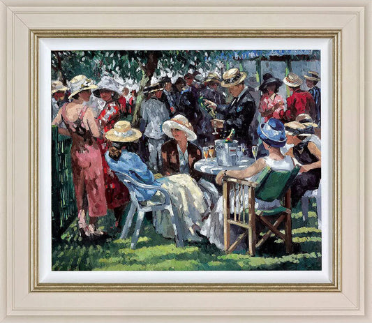 Framed impressionist painting 'An Elegant Gathering' by Sherree Valentine Daines, showing a social scene with people in hats and dresses at the Henley Regatta