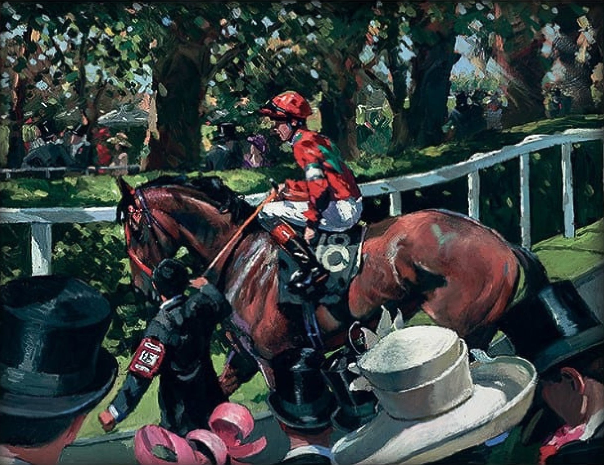 Framed impressionist painting 'Ascot Race Day II' by Sherree Valentine Daines, depicting a vibrant social scene at the Royal Ascot horse races