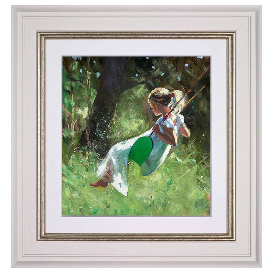 Framed hand-embellished canvas 'Carefree Summer's Day' by Sherree Valentine Daines, showing a young girl on a garden swing.