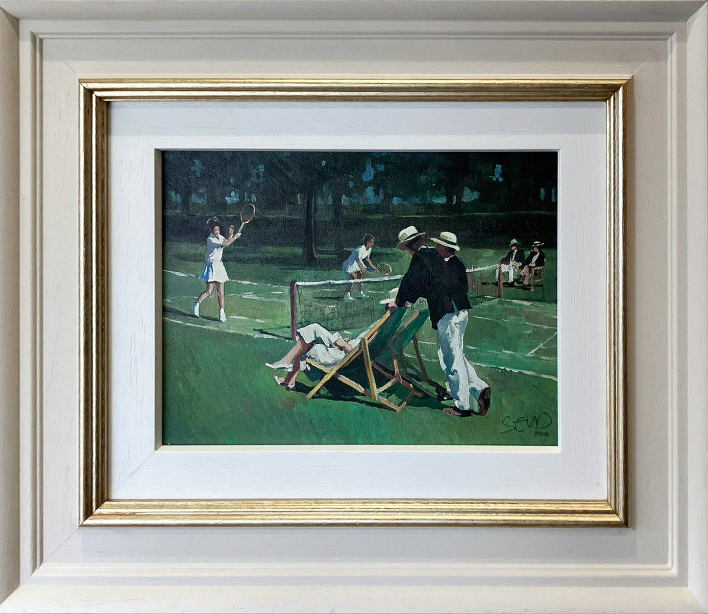 Framed impressionist painting 'Perfect Match' by Sherree Valentine Daines, depicting a vibrant tennis match scene with spectators.