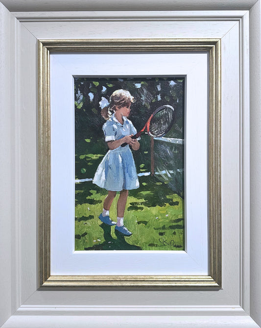 Framed impressionist painting 'Playful Times' by Sherree Valentine Daines, depicting a young girl with a tennis racket on a sun-drenched lawn