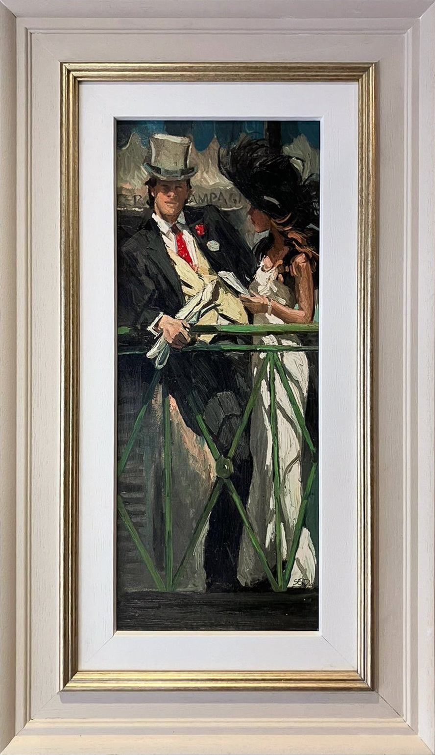 Framed impressionist painting 'Race Day Rendezvous' by Sherree Valentine Daines, showing a couple on a balcony at the Royal Ascot races.