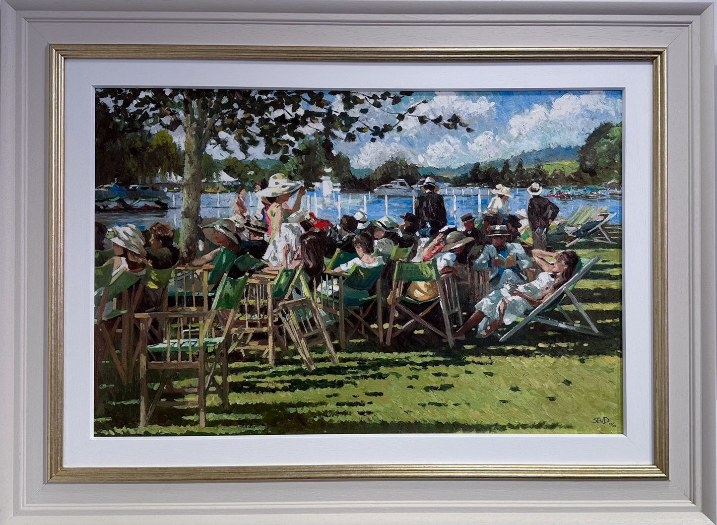 Framed impressionist painting 'Regatta Memories' by Sherree Valentine Daines, showing people in summer fashion by the River Thames at Henley.