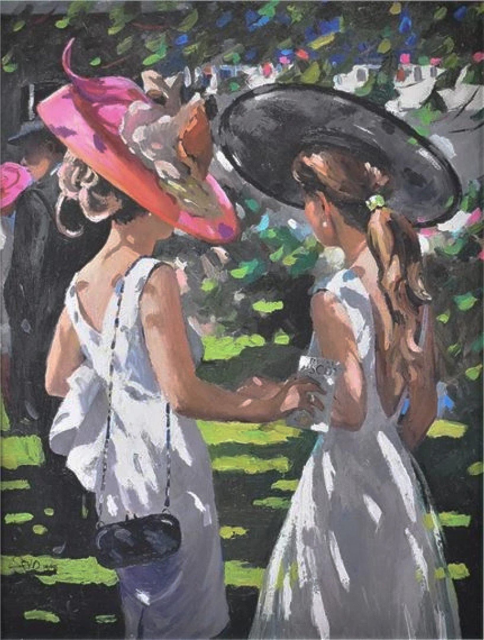 Framed impressionist art print 'Royal Ascot Ladies Day I' by Sherree Valentine Daines, showing elegant women in hats at the races.