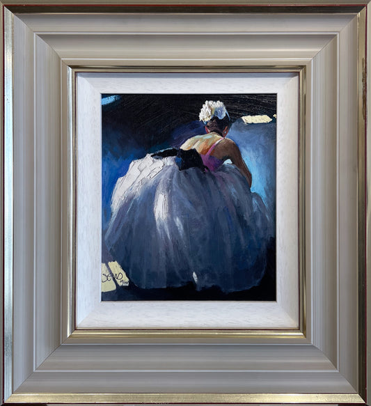 Framed impressionist painting 'Tranquil Beauty' by Sherree Valentine Daines, featuring a ballerina in a white tutu against a dark background.