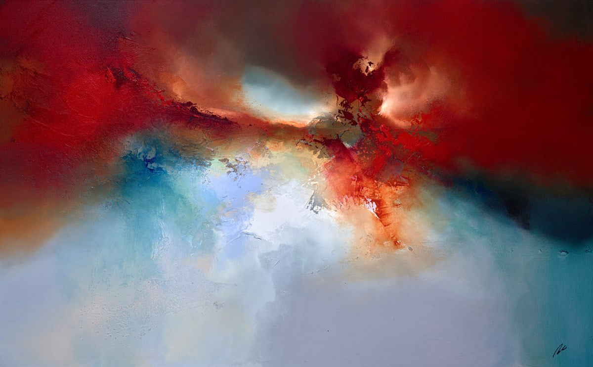 ‘Dark Energy’ by Simon Kenny – A large-scale original mixed-media abstract expressionist painting with vibrant red, blue, and white colour bursts on a dark background, professionally framed, for sale at Creed Gallery Ascot near Windsor.