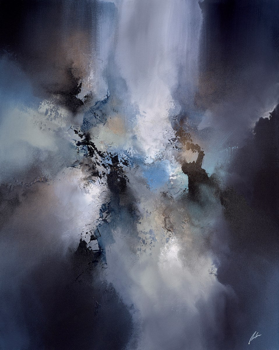 ‘Darkness Fell’ by Simon Kenny – A large original mixed-media abstract painting featuring a central white and blue light surrounded by dramatic dark and light blue hues, professionally framed, available at Creed Gallery Ascot near Windsor.