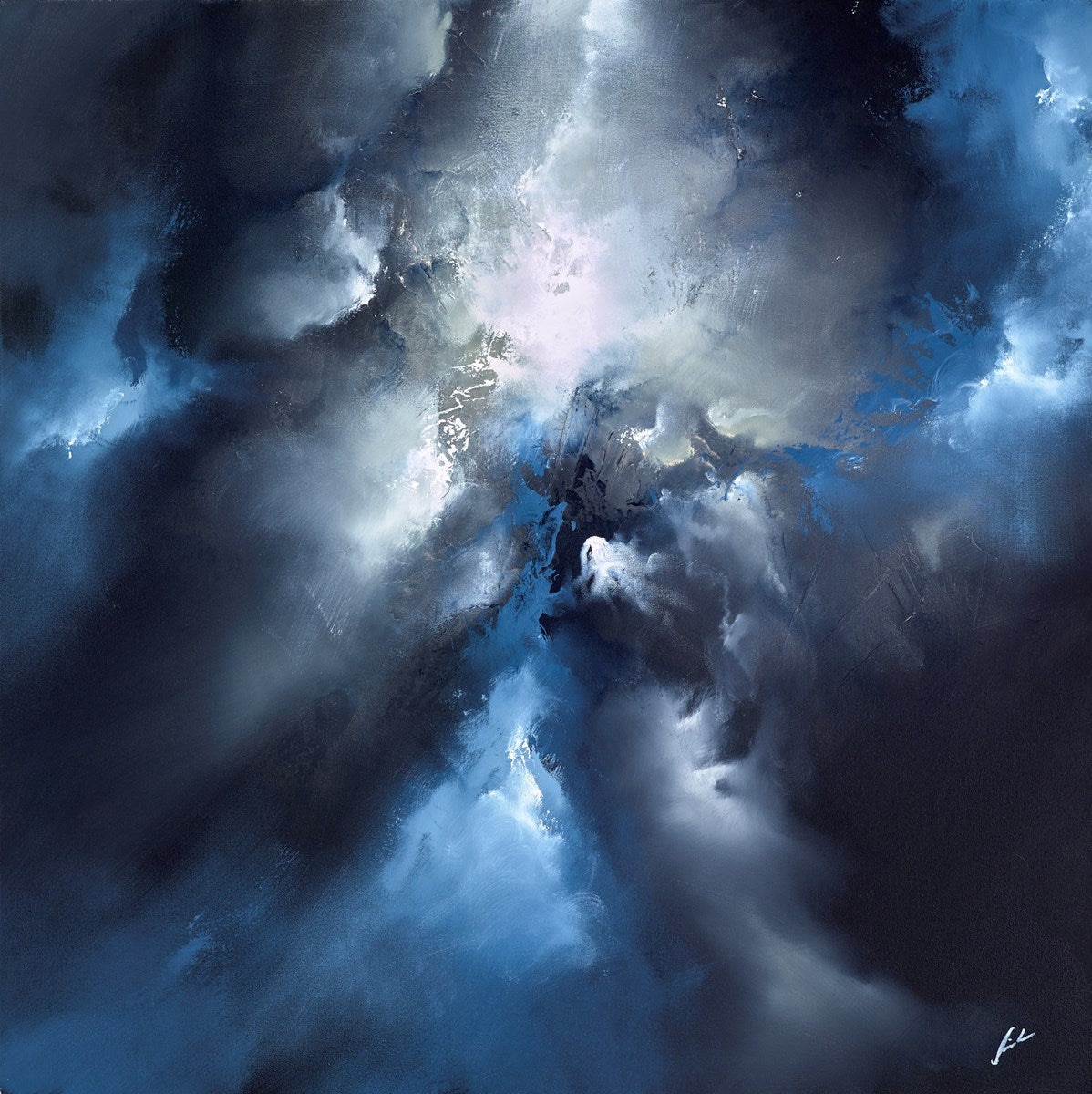 ‘Light and Dark’ by Simon Kenny – A square original mixed-media abstract painting featuring swirling blue and grey colour formations with high-contrast light, professionally framed, available at Creed Gallery Ascot near Windsor.
