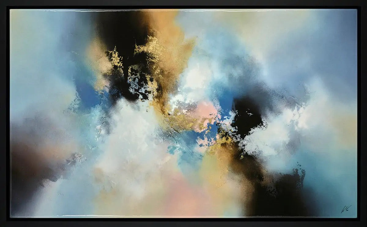 ‘Radiance’ by Simon Kenny – A rectangular limited edition abstract painting with a resin glaze, featuring multi-coloured smoke-like patterns in navy, indigo, and pink with shimmering gold leaf accents on a blue background, available at Creed Gallery Ascot.