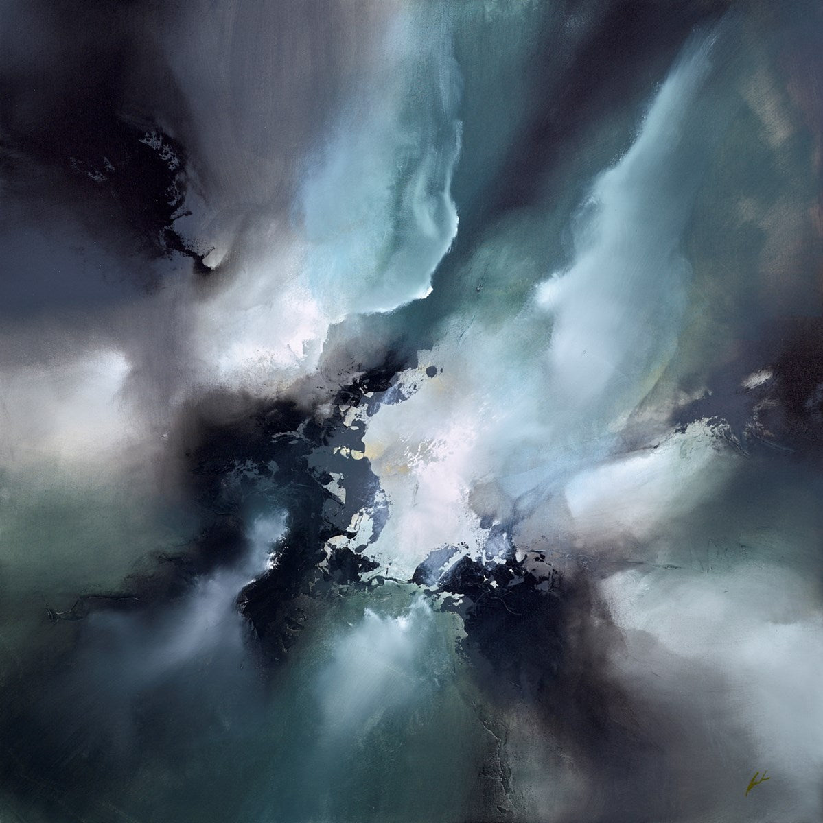 ‘Rising’ by Simon Kenny – A large square original mixed-media abstract painting featuring swirling luminous colours and textures, professionally framed, available at Creed Gallery Ascot near Windsor and London.