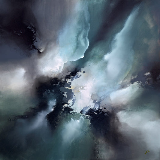 ‘Rising’ by Simon Kenny – A large square original mixed-media abstract painting featuring swirling luminous colours and textures, professionally framed, available at Creed Gallery Ascot near Windsor and London.