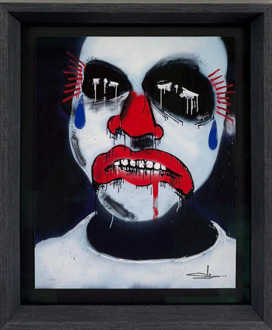 Slawn's Skeptasbtv, a white clown face with black eyes and a dripping red mouth