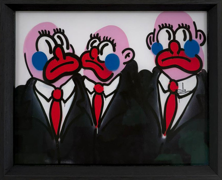 Slawn's Three Arthurs: three pink-headed cartoon figures in matching suits and red ties