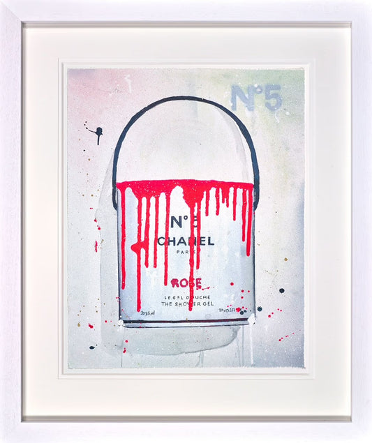 Framed edition of 'Colour Me Coco' by Stephen Graham, a sparkling pop art depiction of Chanel No. 5 in a white contemporary frame, available at Creed Gallery Berkshire.