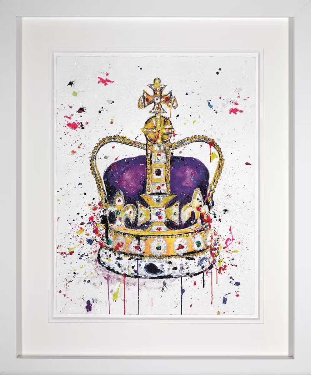 Bespoke framed edition of 'His Majesty' by Stephen Graham, a sparkling pop art depiction of the coronation crown in a white contemporary frame, available at Creed Gallery Berkshire.
