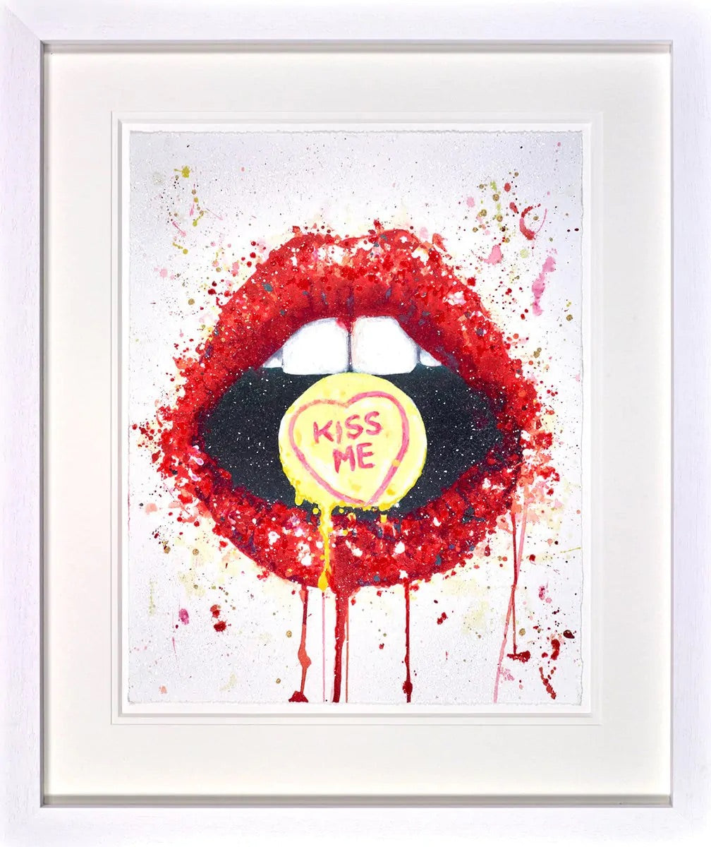 'Kiss Me Quick' by Stephen Graham, a hand-embellished limited edition featuring red lips, Swarovski crystals, and diamond dust, framed for Creed Gallery Ascot and Windsor.
