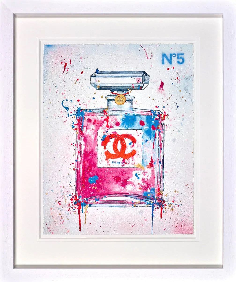 'Perfect Scent' by Stephen Graham, a hand-embellished limited edition featuring a Chanel perfume bottle with Swarovski crystals and diamond dust, framed for Creed Gallery Ascot.