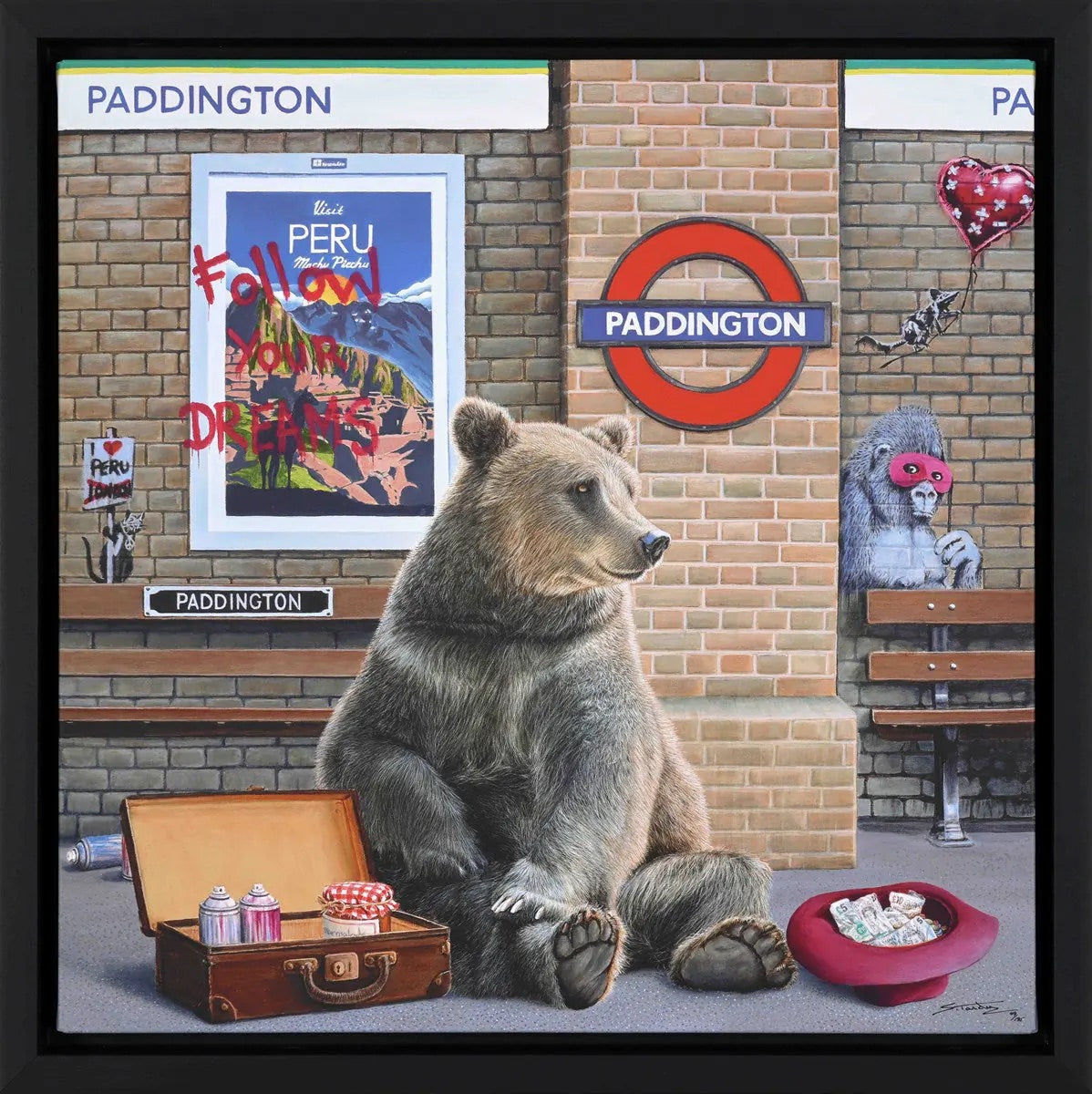 Steve Tandy 'Follow Your Dreams' limited edition signed Giclée on canvas, featuring Paddington Bear on a bench with a suitcase and blossom tree, framed at Creed Gallery Ascot.