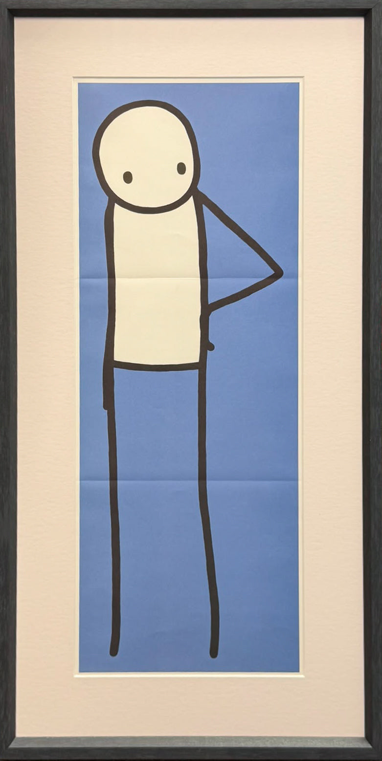 Minimalist blue screenprint of a tall stick figure standing with one hand on its hip