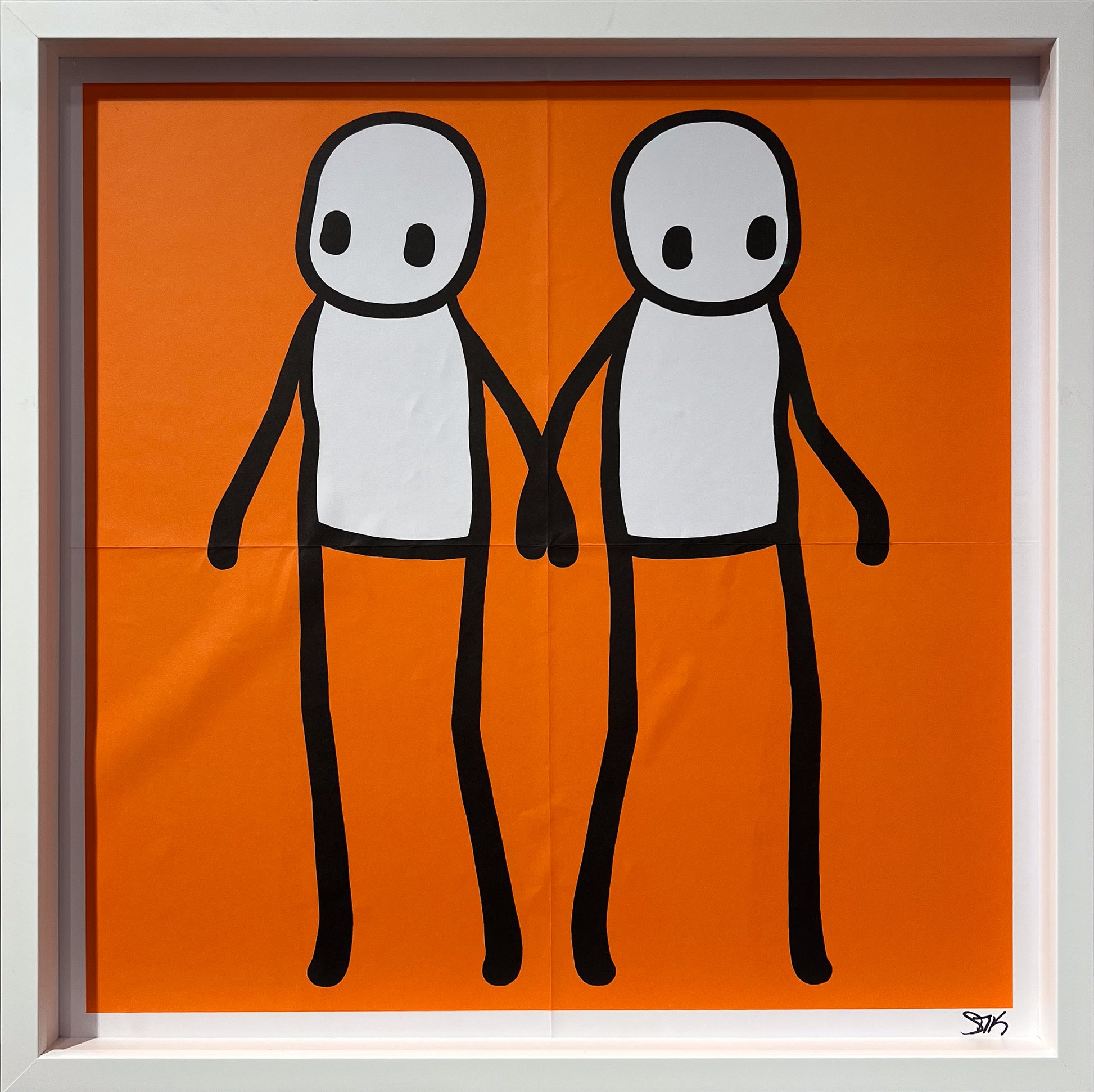 Stik "Holding Hands" (Orange) signed offset lithograph on wove paper. A highly collectible urban art print available at Creed Gallery, the premier Art Gallery near London serving Virginia Water and Wentworth.