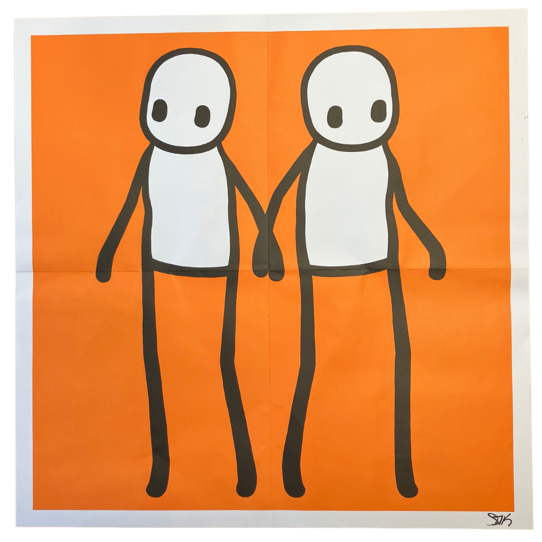 Stik "Holding Hands" (Orange) signed offset lithograph on wove paper. A highly collectible urban art print available at Creed Gallery, the premier Art Gallery near London serving Virginia Water and Wentworth.