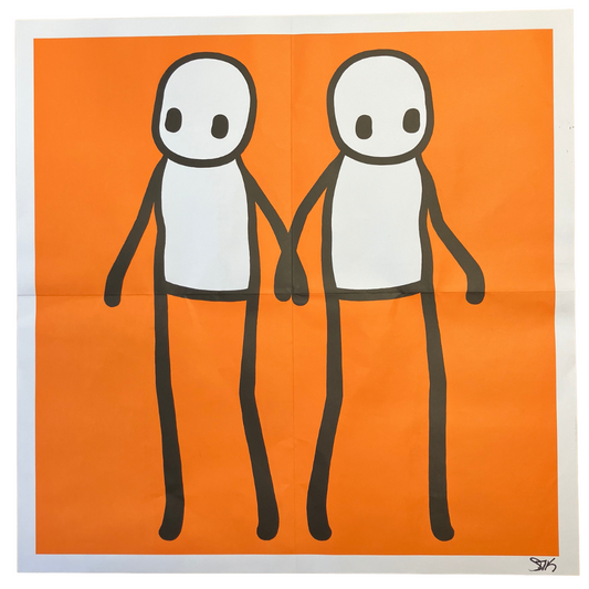 Stik "Holding Hands" (Orange) signed offset lithograph on wove paper. A highly collectible urban art print available at Creed Gallery, the premier Art Gallery near London serving Virginia Water and Wentworth.