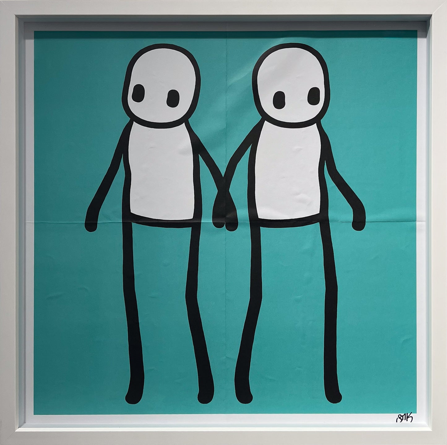 Stik "Holding Hands" (Teal) signed offset lithograph on wove paper. A highly collectible urban art print available at Creed Gallery, the premier Art Gallery near London serving Virginia Water, Wentworth, and Sunningdale.