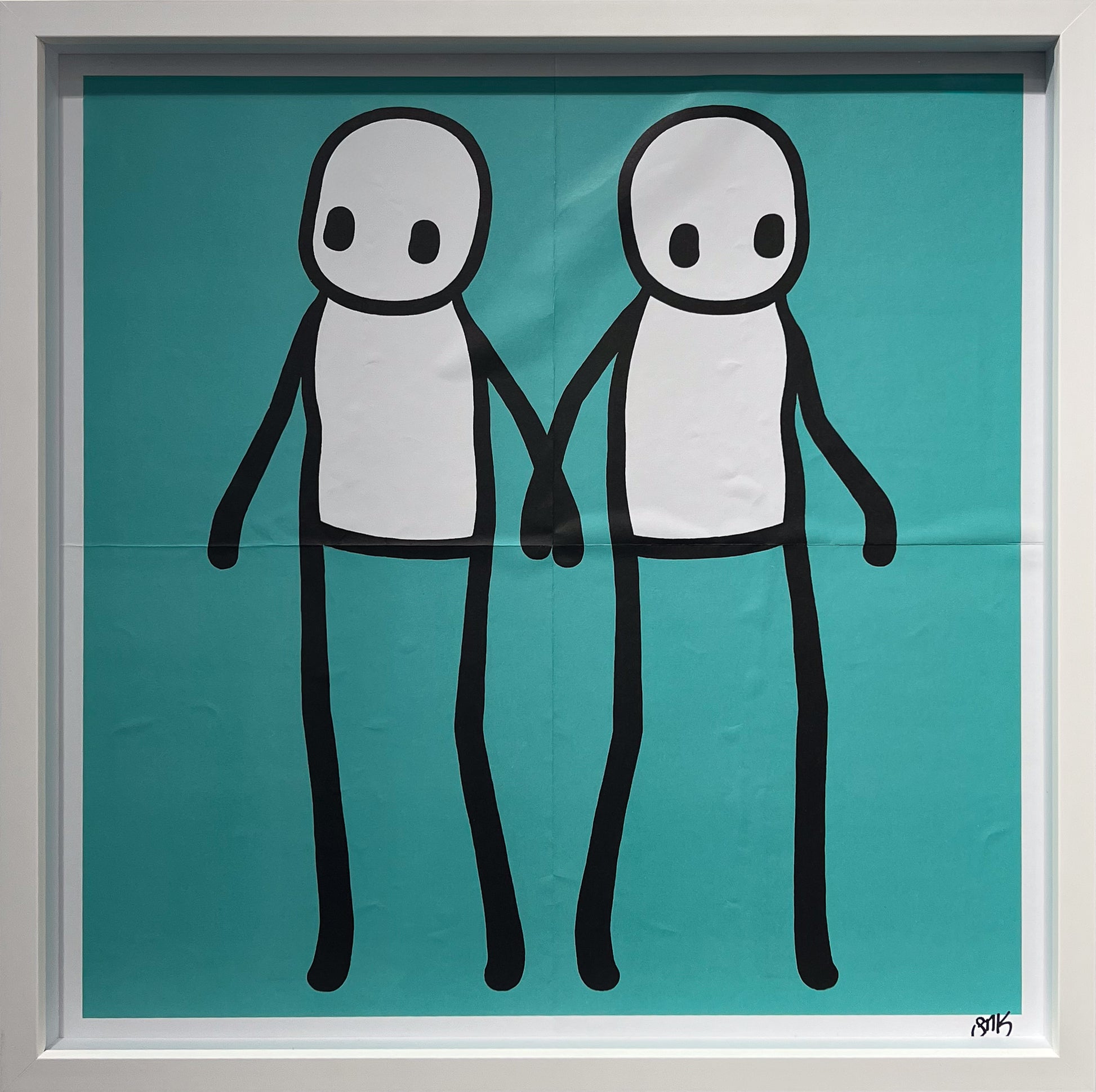 Stik "Holding Hands" (Teal) signed offset lithograph on wove paper. A highly collectible urban art print available at Creed Gallery, the premier Art Gallery near London serving Virginia Water, Wentworth, and Sunningdale.