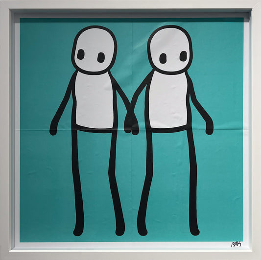 Stik "Holding Hands" (Teal) signed offset lithograph on wove paper. A highly collectible urban art print available at Creed Gallery, the premier Art Gallery near London serving Virginia Water, Wentworth, and Sunningdale.