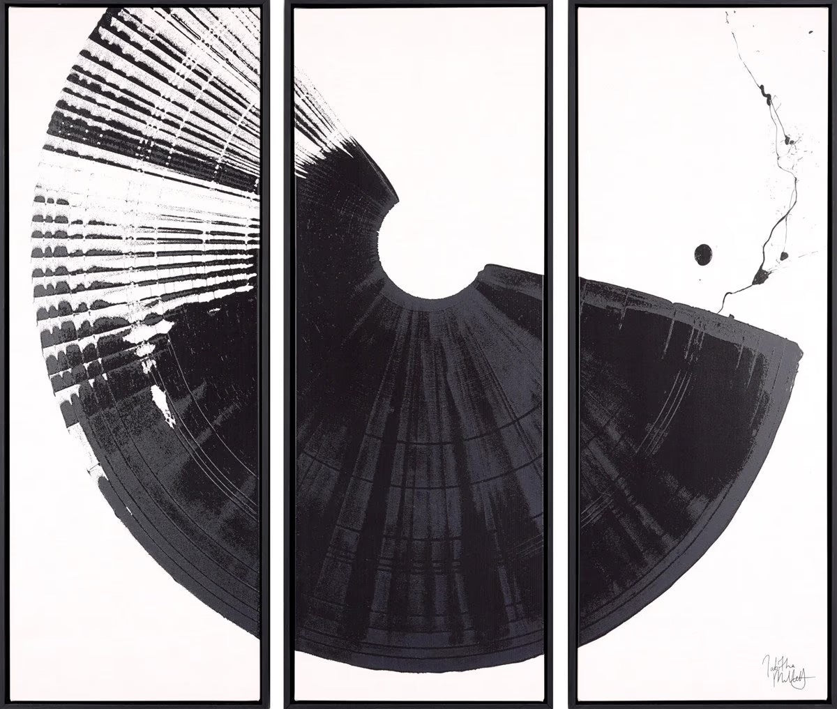 Tabitha Millett Brushstroke triptych, black sweeping arcs and fine lines across three white box canvas panels